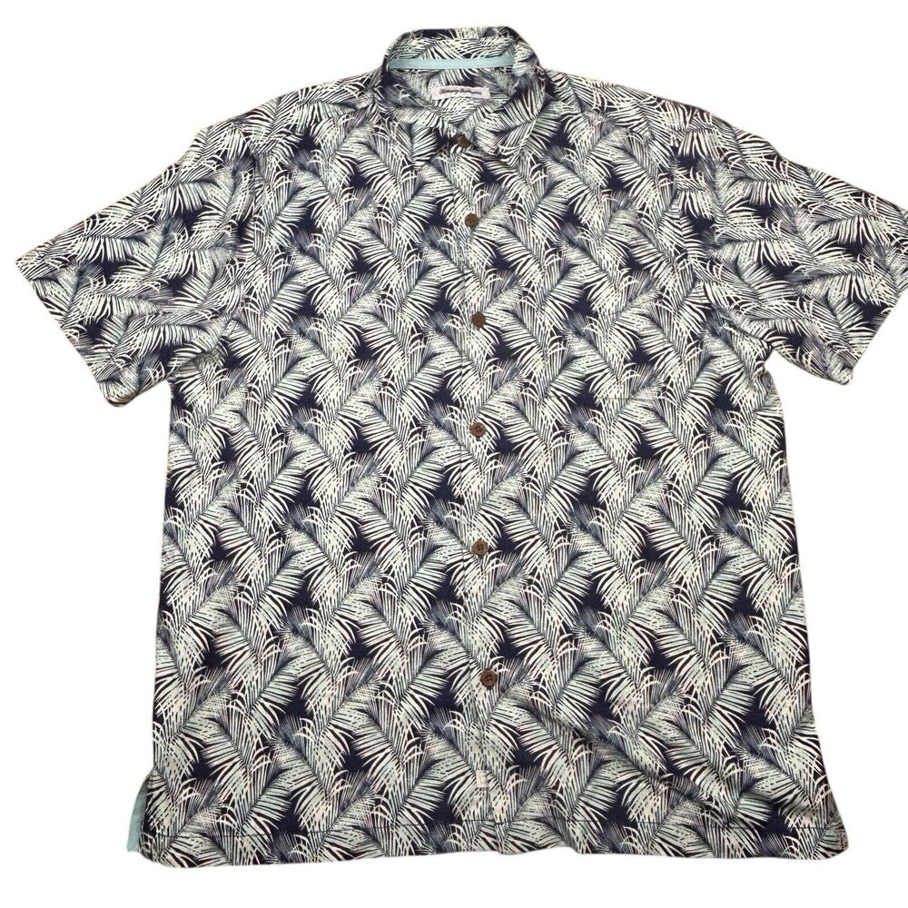 Tommy Bahama Mens Blue Palm Trees 100% Silk Print Button Up Camp Shirt Large